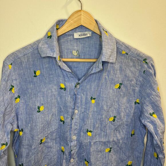 Idillio Positano Men's Button Down‎ 100% Linen Lemon Embroidered Size Medium LUX - Picture 4 of 7